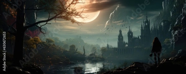 Fototapeta Panoramiczne malowanie ilustracja różnych krain fantasy - odkrywanie radosnych krajobrazów świata fantasy z architekturą fantasy, Sakura, Blossom Tree, Village, Moon, księżyc, noc, zarośnięta, natura