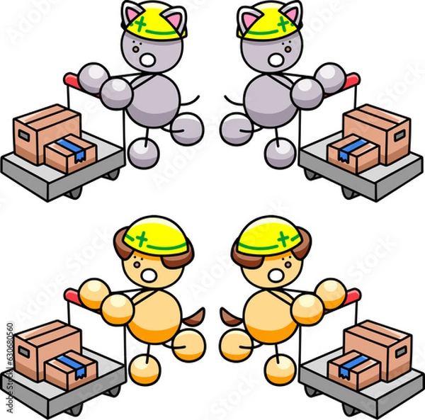 Obraz 台車で荷物を運ぶわんまるとにゃんまるのイラストセット　犬　猫
