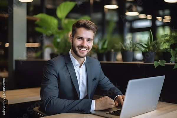 Obraz Smiling young businessman working laptop in modern office on colleagues background. Professional entrepreneur sitting in front of laptop, smiling at camera, copy space.