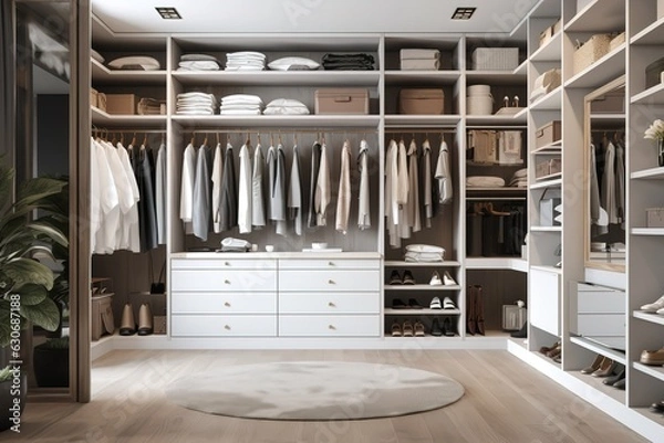 Fototapeta Vintage Chic: A Lavish Walk-In Closet with Custom Cabinetry and Illuminated Display Shelves Showcasing an Exquisite Collection of Fashion. Generated AI