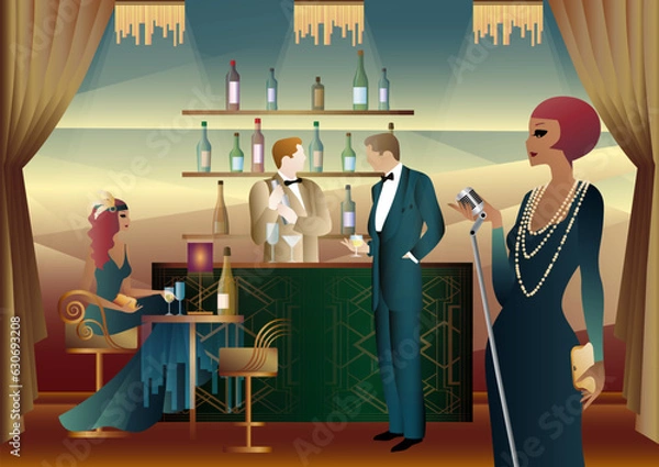 Obraz Party with a singer and a bartender in a club. Party invitation design in retro art deco style.