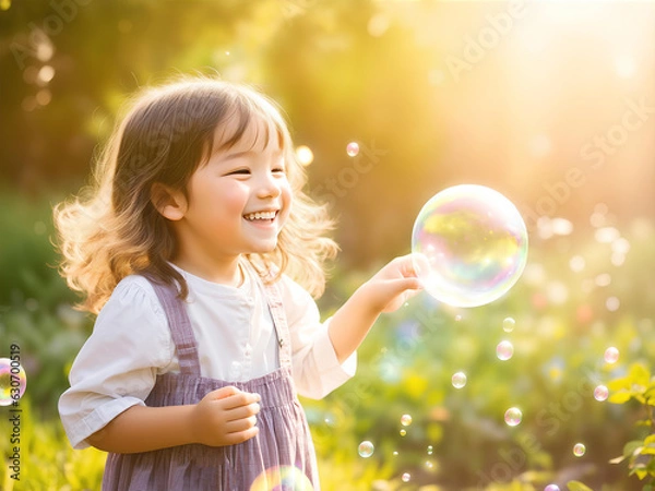 Fototapeta close-up shot of kid looking bubbles in a sunlit garden, with laughter filling the air by ai generated 