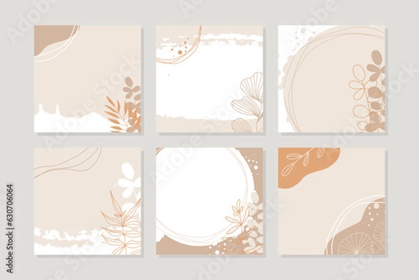 Obraz Spring pastel neutral abstract square backgrounds with flowers. Beige color vector set. Social media posts, stories, banners, invitation, mobile apps, online ads, poster, postcards, greetings