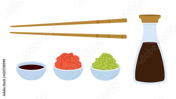 Obraz Soy sauce, wasabi, pickled ginger and chopsticks. Set of japanese seasoning for sushi. Flat isolated vector illustration on white background.