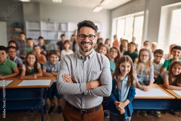 Fototapeta Portrait of smiling male teacher in a class at elementary school looking at camera with learning students on background