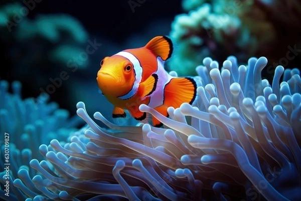 Fototapeta Clownfish at the bottom of the sea among the corals. Generative AI