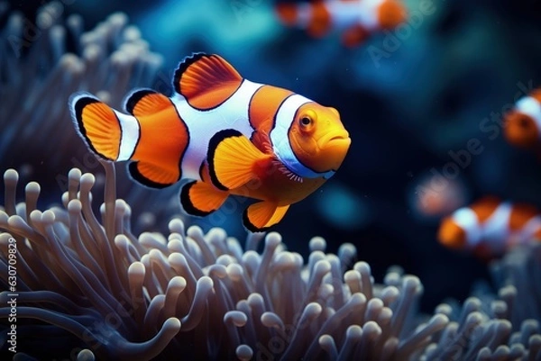 Fototapeta Clownfish at the bottom of the sea among the corals. Generative AI