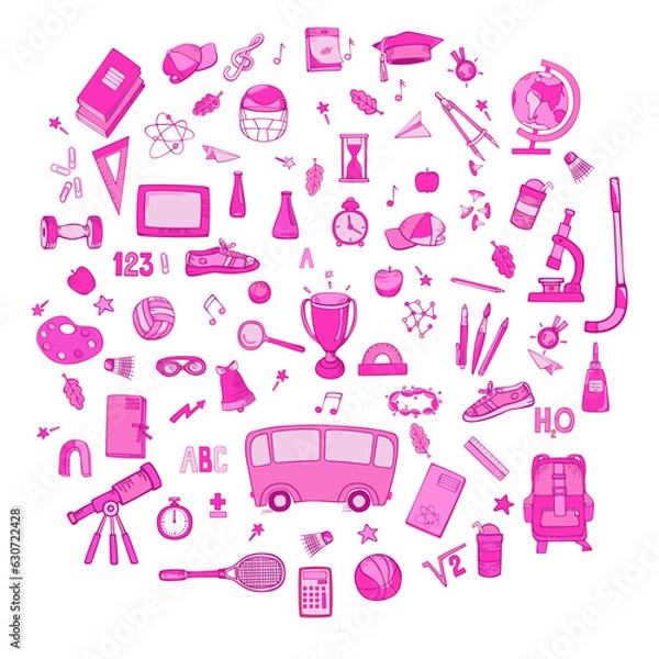 Obraz School supplies icons set in doll cute pink colors. Vector colorful illustration. Hand drawings on a white background.
