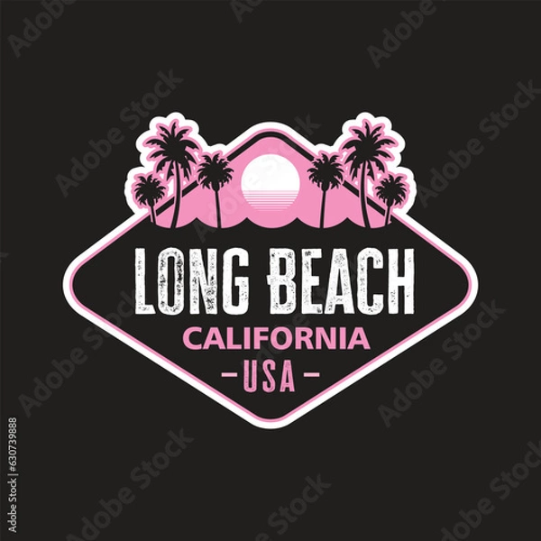 Fototapeta Badge Patch of Long Beach California for Stickers vector illustration with silhouette of palm trees and ocean sunset