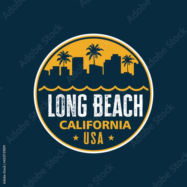 Fototapeta Badge of Long Beach California for logo, Stickers vector illustration with silhouette building of palm trees and ocean sunset