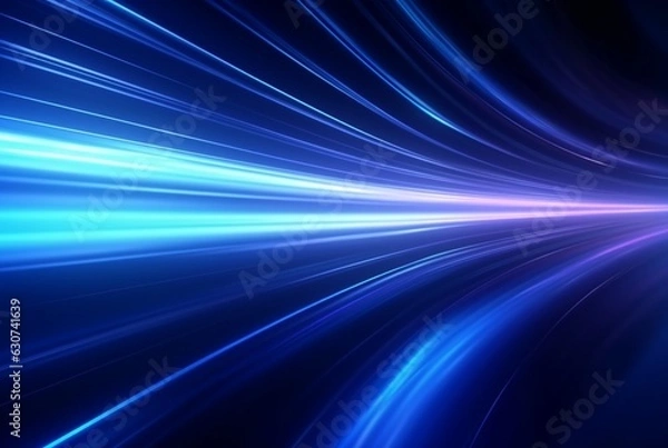 Fototapeta Abstract technology glowing futuristic blue light lines with speed motion blur effect on dark blue background. generative ai