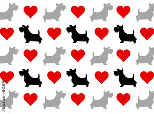 Fototapeta Scottie Dog and Red Heart Repeating Pattern