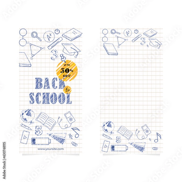 Fototapeta Back to school flyer template with different school objects. School sale flyer with pen strokes