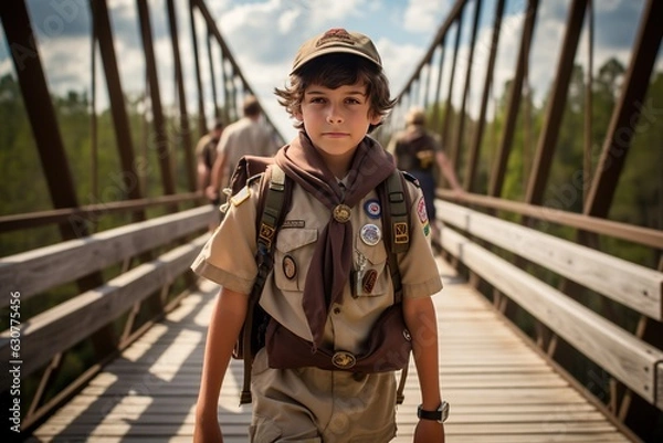 Fototapeta Boy Scout standing on a bridge. Generative AI.