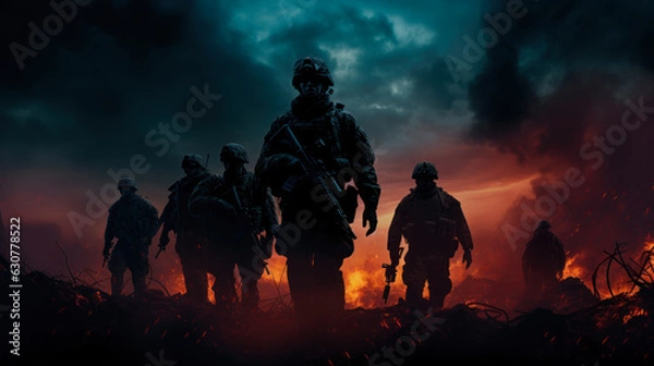 Fototapeta silhouettes of military soldiers with weapons on orange fire background generative ai