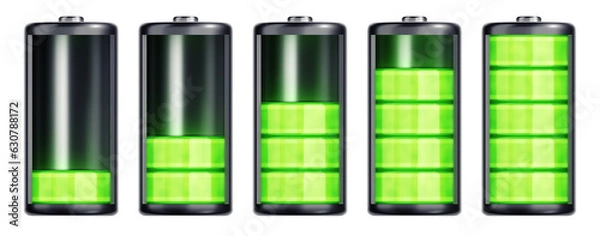 Fototapeta Process of Charging a Battery. A series of graphic representations of an abstract battery with inbuilt green indicator of a charge in progress. 3D-rendering graphics isolated on transparentbackground.