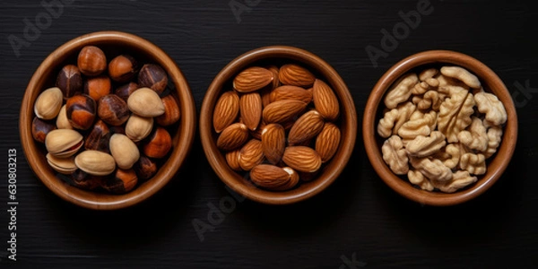 Obraz Mix of different kinds of nuts on plates.almonds, hazelnuts, walnuts, brazil nuts on dark background. Top view, flat lay. Copy space. Healthy food composition.Generative ai