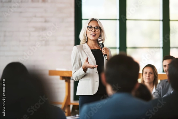 Fototapeta A confident female executive masterfully delivers a business presentation in a boardroom, engaging her audience during an informative workshop
