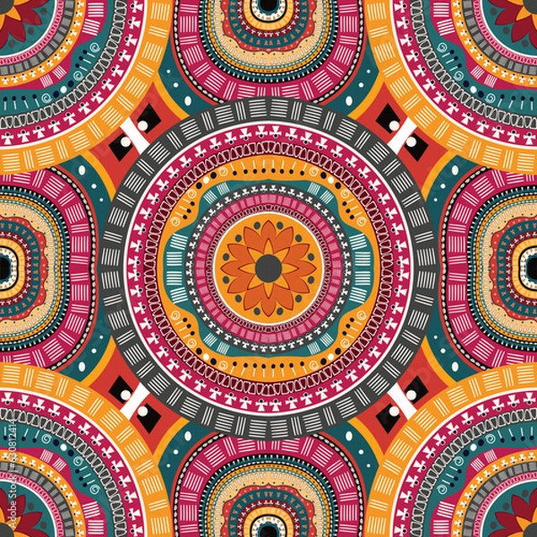 Fototapeta Set african tribal fabric Colorful circular geometric pattern  for textile background,texture,batik,carpet,mosaic,ceramics,backdrop,wallpaper,clothing,craft,wall,floor,decorative,building,retro,boho