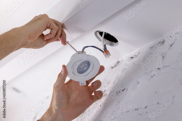 Fototapeta electrician installing recessed lamp in drywall ceiling. led lighting