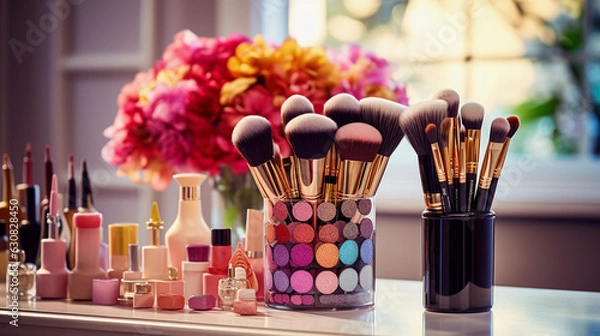 Fototapeta Artistic Makeup Collection and Brush Set Displayed in Colorful Jars
