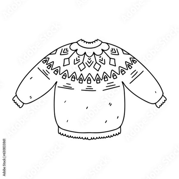 Obraz Cute knitted lopapeysa sweater. Hand drawn doodle style. Vector illustration isolated on white. Coloring page.