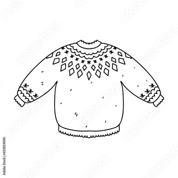 Obraz Cute knitted lopapeysa sweater. Hand drawn doodle style. Vector illustration isolated on white. Coloring page.