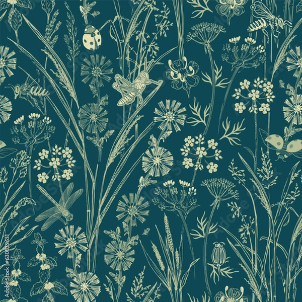 Fototapeta Hand drawn meadow motif seamless background print in shades of midnight green. Vector illustration. Surface pattern design, perfect for textile, stationery, wallpaper, packaging, home and garden