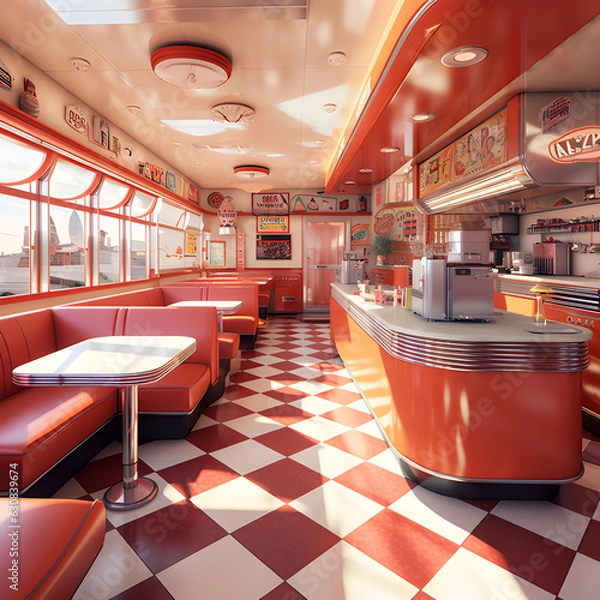 Fototapeta Old Fashioned 1950s diner, retro with vintage booths and counter. Nostalgia for the old days of the 50s with jukeboxes and diner restaurant food, generative ai. 