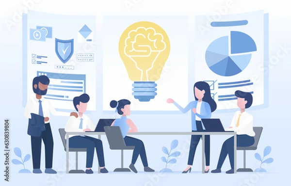 Fototapeta Business ideas concept. Business people engaging meeting exchange ideas, share information, and analyze data. Manage, improve, develop, based on data analysis, tactical plans. Vector  illustration.