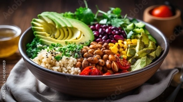 Fototapeta Colorful and nutritious bowl filled with a variety of ingredients including rice, beans, avocado, and tomatoes