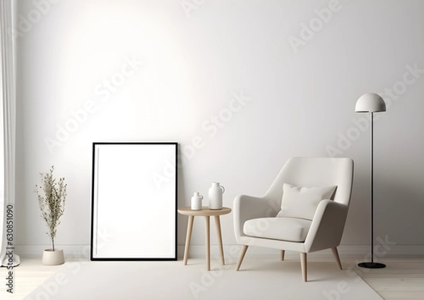 Fototapeta Blank picture frame on white wall with chair