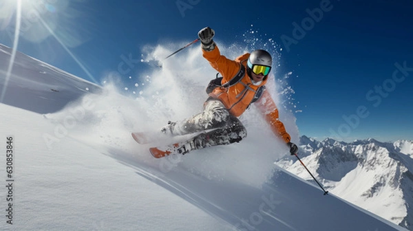 Fototapeta a professional skier in mid - jump, captured in 4K, powder snow flying off the skis, bright, crisp day on a mountainside, focused and determined expression