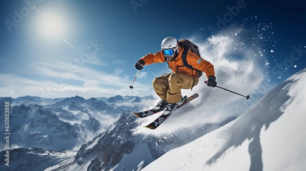 Fototapeta a professional skier in mid - jump, captured in 4K, powder snow flying off the skis, bright, crisp day on a mountainside, focused and determined expression