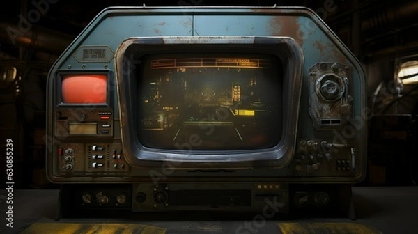 Fototapeta Retrofuturistic handheld device monitor screen in a dieselpunk environment tech design