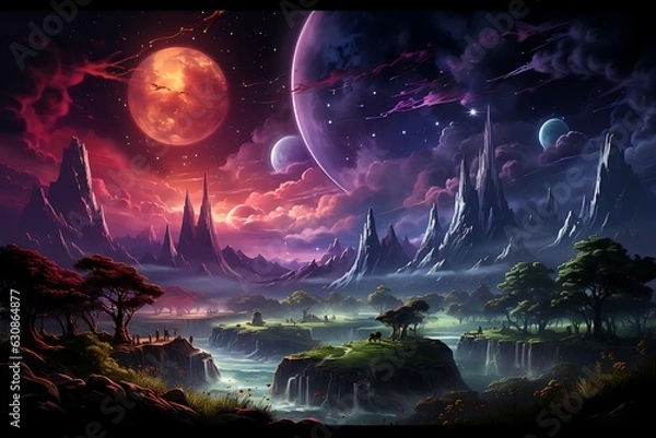 Fototapeta landscape with mountain range moon and stars