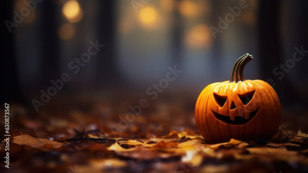 Obraz Spooky Pumpkin with Dark Hollow Eyes Surrounded by Fog