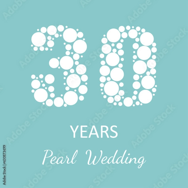 Fototapeta 30th wedding anniversary, vector icon, logo. Graphic design element of numbers filled with white pearls on a turquoise background, for decoration for the 30th wedding anniversary.