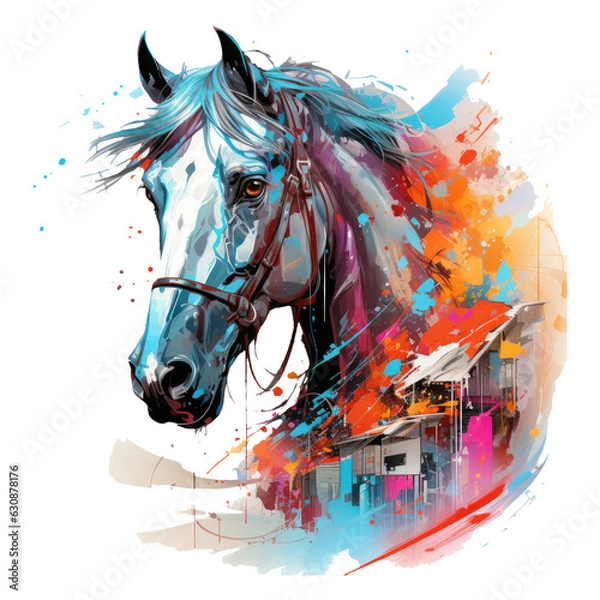 Fototapeta A futuristic horse t-shirt design featuring a cybernetic horse racing through a futuristic cityscape, Generative Ai