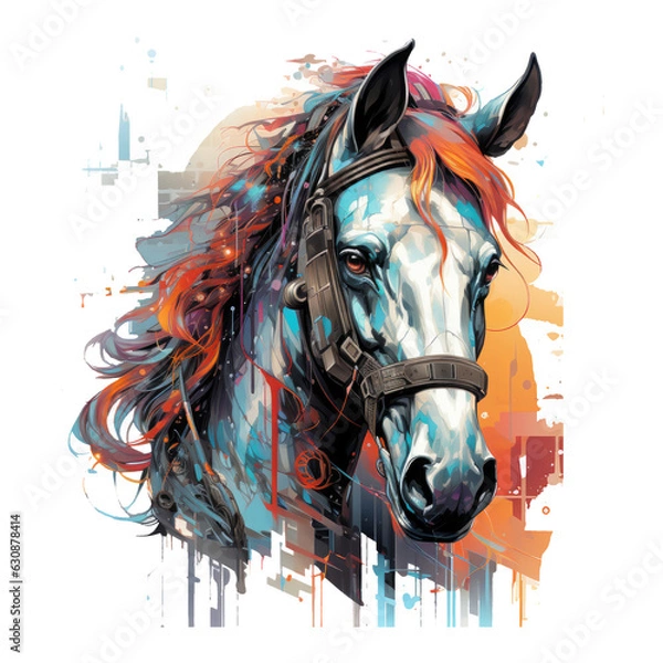 Fototapeta A futuristic horse t-shirt design depicting a cybernetic horse adorned with neon lights and glowing patterns, Generative Ai