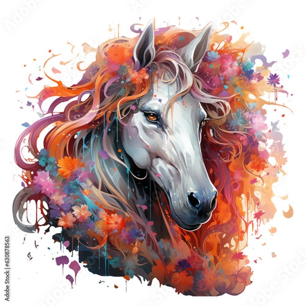 Fototapeta An ethereal horse t-shirt design presenting a mythical scene of a unicorn in a magical forest, Generative Ai
