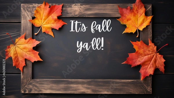 Fototapeta Autumn Leaves Wooden Rustic Frame: It's Fall Ya'll!