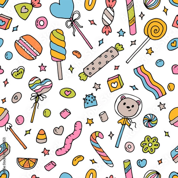 Obraz Seamless doodle pattern with candies, sweets and lollipops. Hand drawn background. Great for fabric, textile, wrapping paper