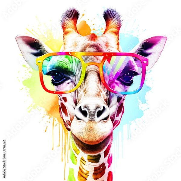 Obraz Cartoon colorful giraffe with sunglasses on white background.