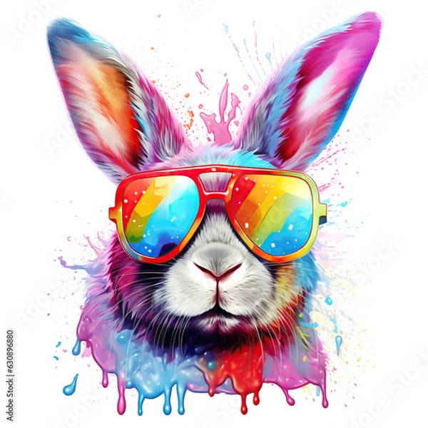 Obraz Cartoon colorful hare or rabbit with sunglasses on white background.