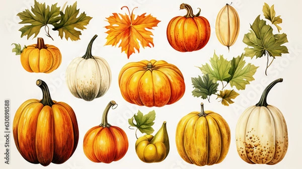 Fototapeta watercolor drawings of pumpkin and sunflower with flower arrangements isolated on a white background, in the style of detailed botanical illustrations, green and amber, scientific illustrations, wallp