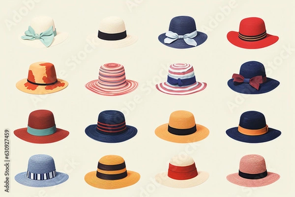 Obraz Retro risograph of a selection of hats in a row against a white background.  Generative AI.