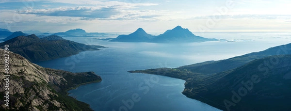 Fototapeta Panorama of Tomma mountain island in Norwegian archipelago coastline of Helgeland. Smaltinden view, Luröy, Nordnorge. Norway mountains in the summer. High resolution beautiful Norway. Fjelltur Norge