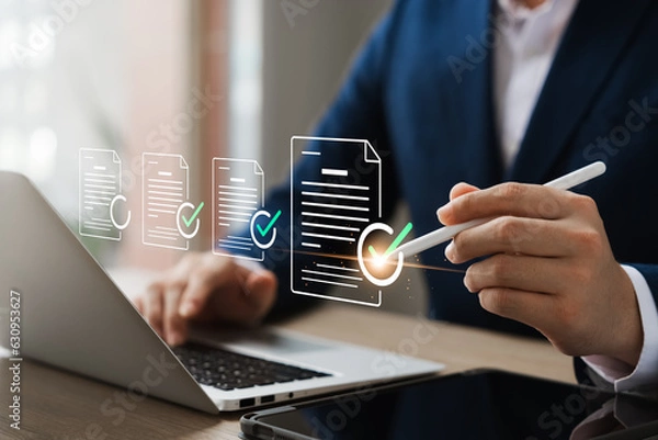 Fototapeta Business Performance Checklist, Businessman Conducting Online Survey on Laptop, enhancing business performance with a comprehensive checklist.