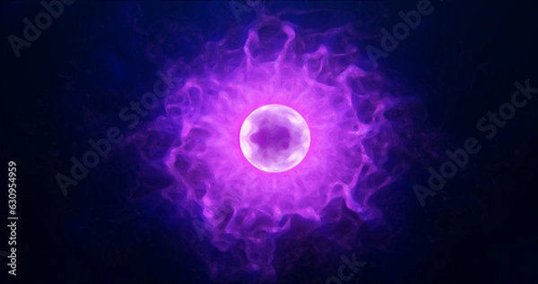 Fototapeta Purple energy sphere with glowing bright particles, atom with electrons and elektric magic field scientific futuristic hi-tech abstract background